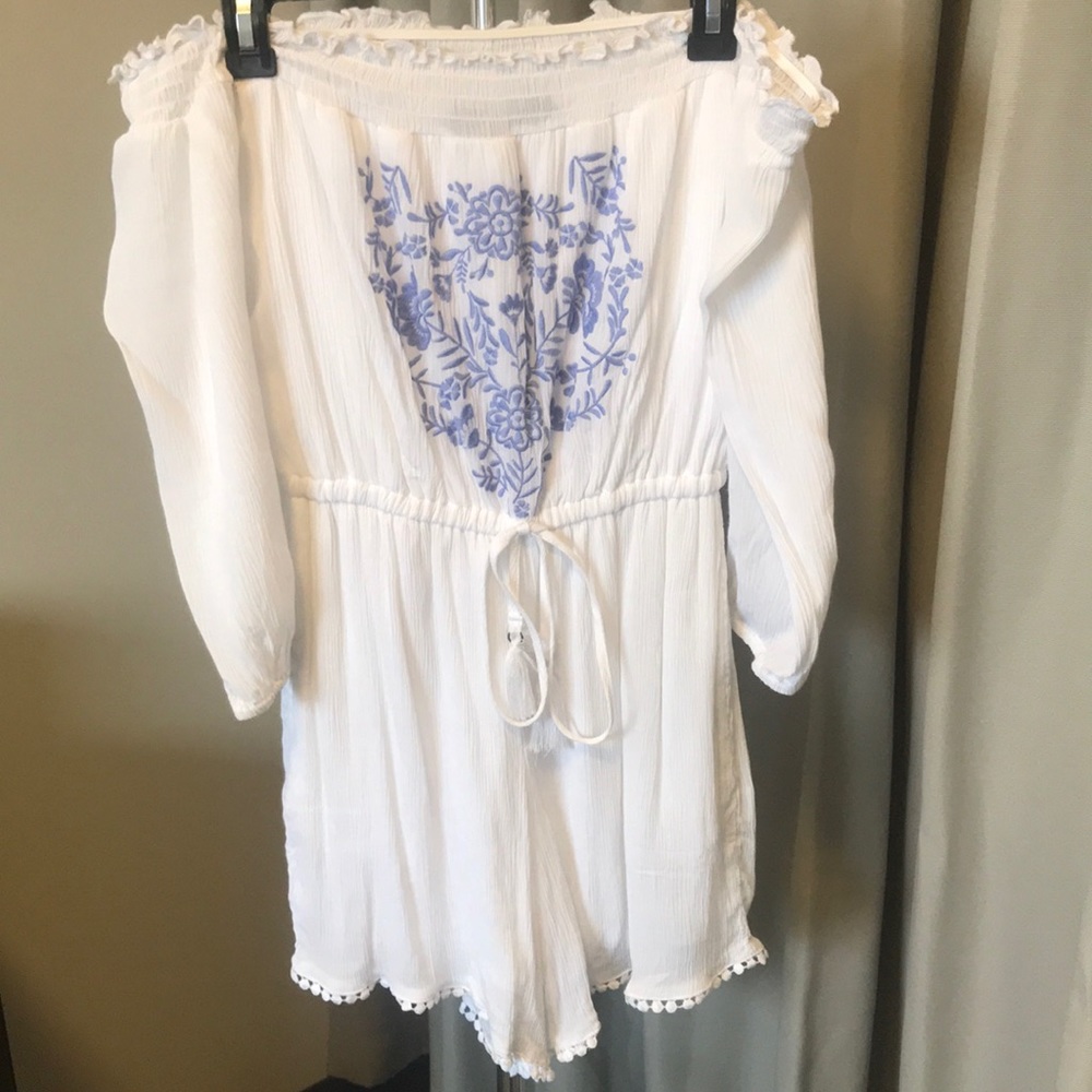 White Off-the-Shoulder Blue Floral Romper